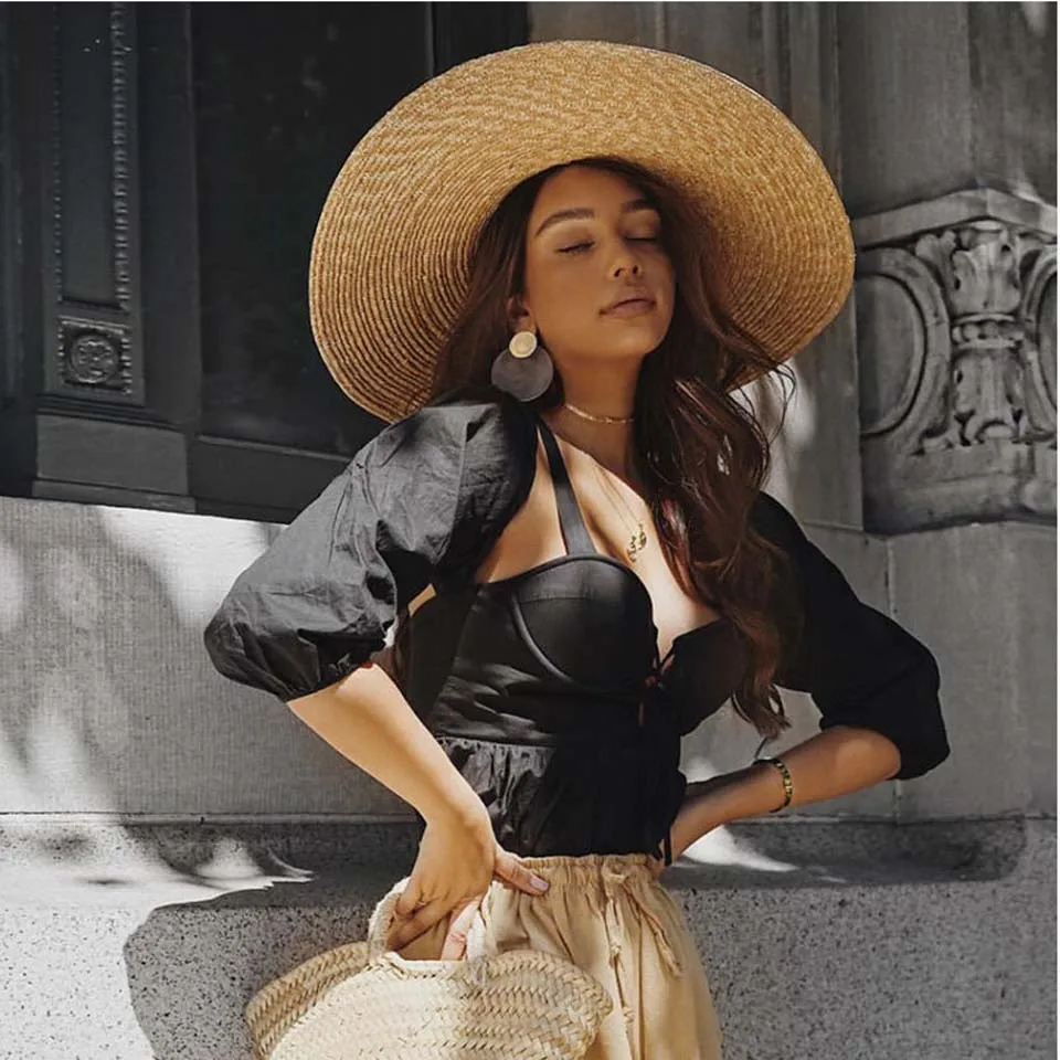 Шляпа из рафии с широкими полями для женщин Соломенная Панама от солнца завязкой