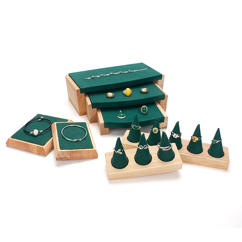 new 3-grids ring jewelry display wood green stand women earring pendent bracelet showcase trays jewellery organizer storage box