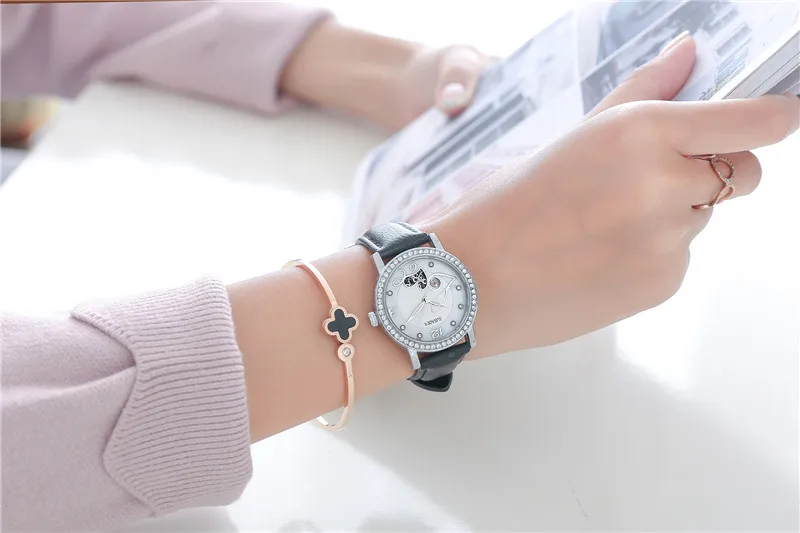 Relogio feminino, OUBAOER, автоматические механические часы для женщин, модные, стразы, полый дизайн, часы с кожаным ремешком, водонепроницаемые часы