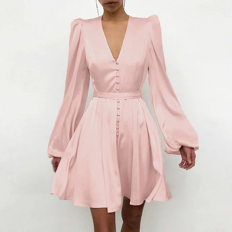 

spring dress long sleeve 2021Sexy V-neck Silk Satin Dress Women A-Line Mini Dresses Elegant Print Long Sleeve Party Dress femme