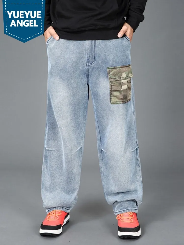 Men Streetwear Hip Hop Wide Leg Pants Plus Size 46 Patchwork Pockets Loose Baggy Trousers Casual Straight Denim Pants Male