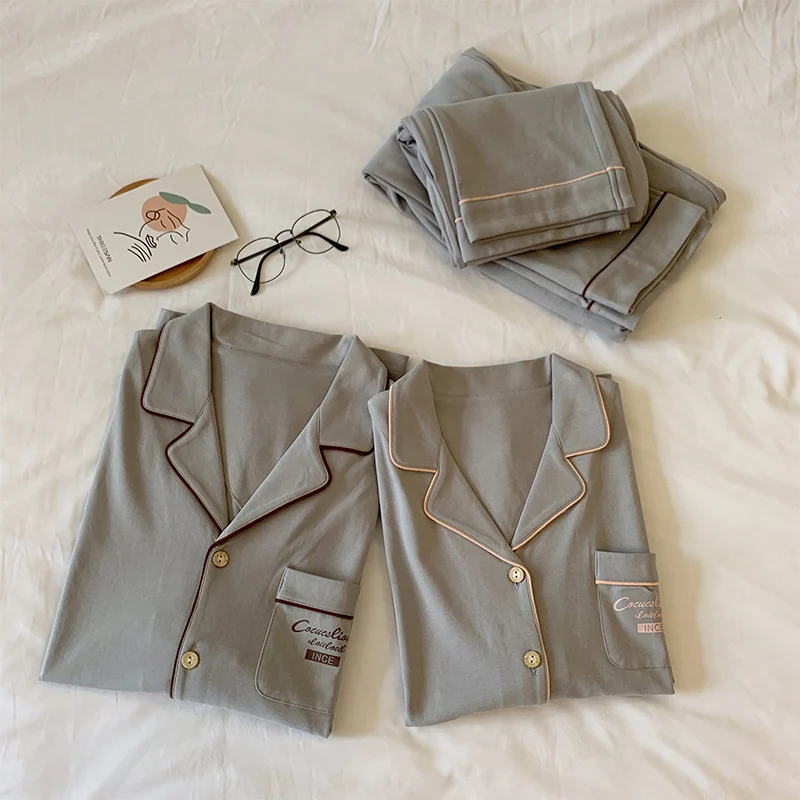 

Couple Pajamas Women's Spring and Autumn Men's, Gray Cotton Long Sleeve 2021 New Internet Hot Summer Home Wear Suit