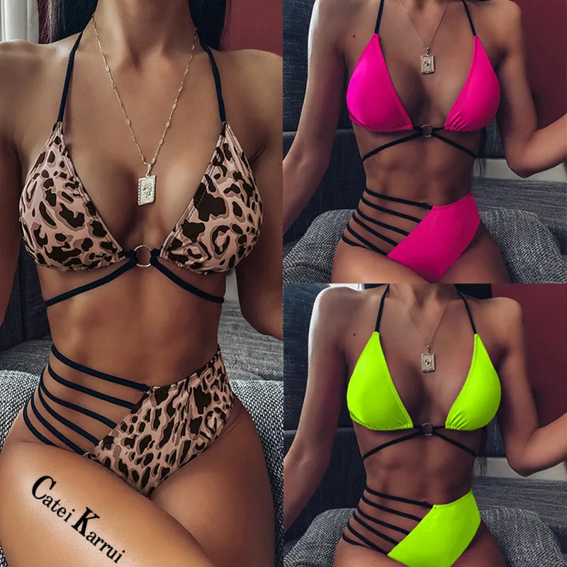 Женский купальник с высокой талией и леопардовым принтом 2020 женский бикини для
