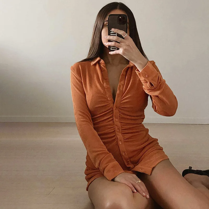 

2021 new women's pleated slim shirt collar temperament dress women's sexy elegant button slim skirt