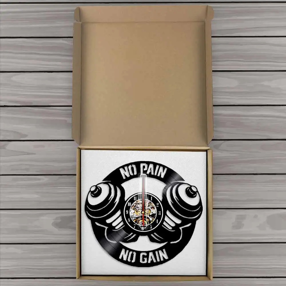 Workout Dumbbell Wall Clock No Pain Gain Cross fit Motivation GYM Fitness Sign Decor Vinyl Record Gift For Him | Дом и сад