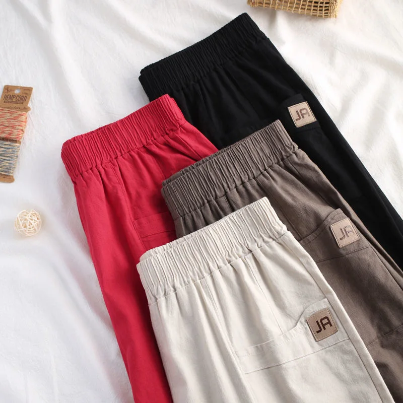 

Брюки женские эластичные однотонные, хлопково-льняные свободные повседневные штаны-султанки, брюки для мам, весна-осень