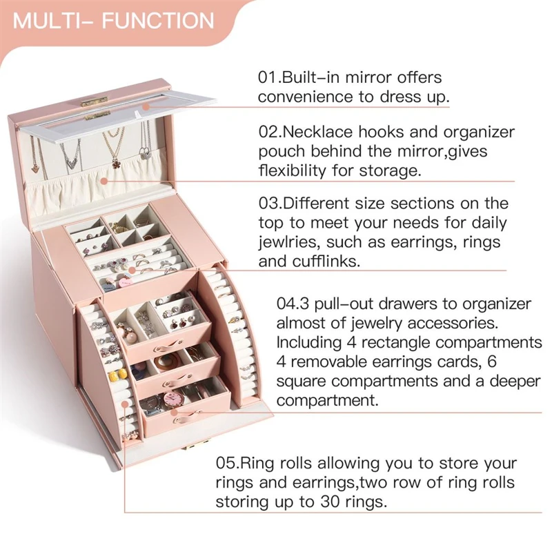 Large Jewelry Box Luxury PU Leather Organizer for Earrings Display Storage With Mirror Ring Holder Jewellery Organizer Gift Case