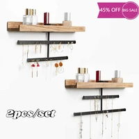 2pcs jewelry organizer wall mount hanging wood jewelry display with shelf for necklaces bracelet earrings ring and cosmetic