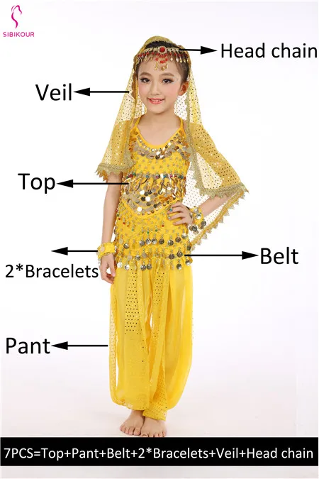 Yellow 7pcs Детский набор костюма для танца живота Восточные Танцевальные костюмы для девочек Египетский Болливуд индийский танец живота одежда Индия 8 цветов - Цвет: Yellow 7pcs
