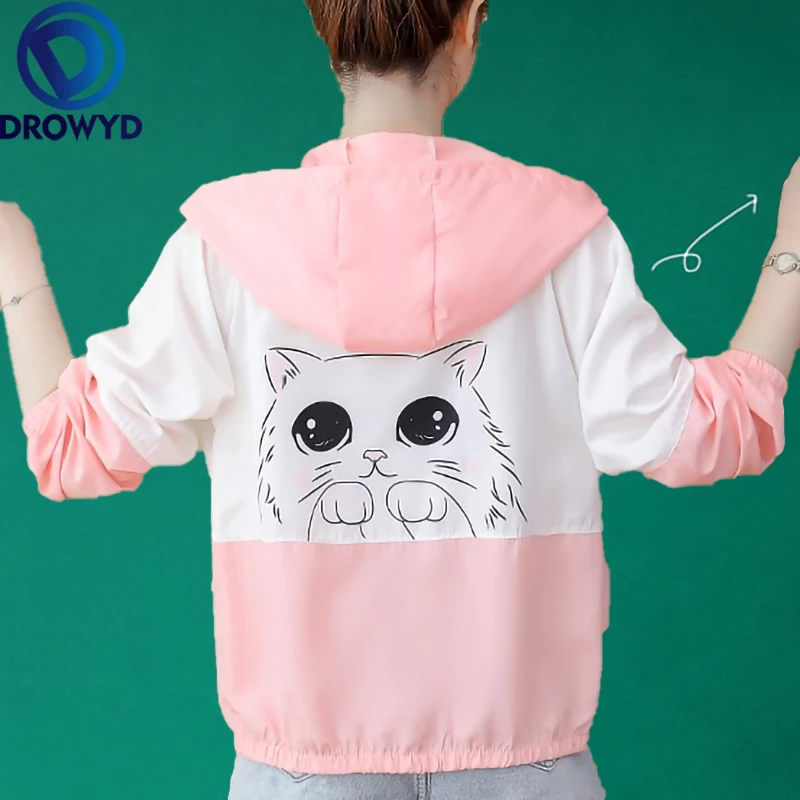 

Summer Blue Print Hooded Thin Baseball Jacket Women New Casual Long-sleeve Bomber Tops Breathable Sunscreen Cardigan Loose Coat