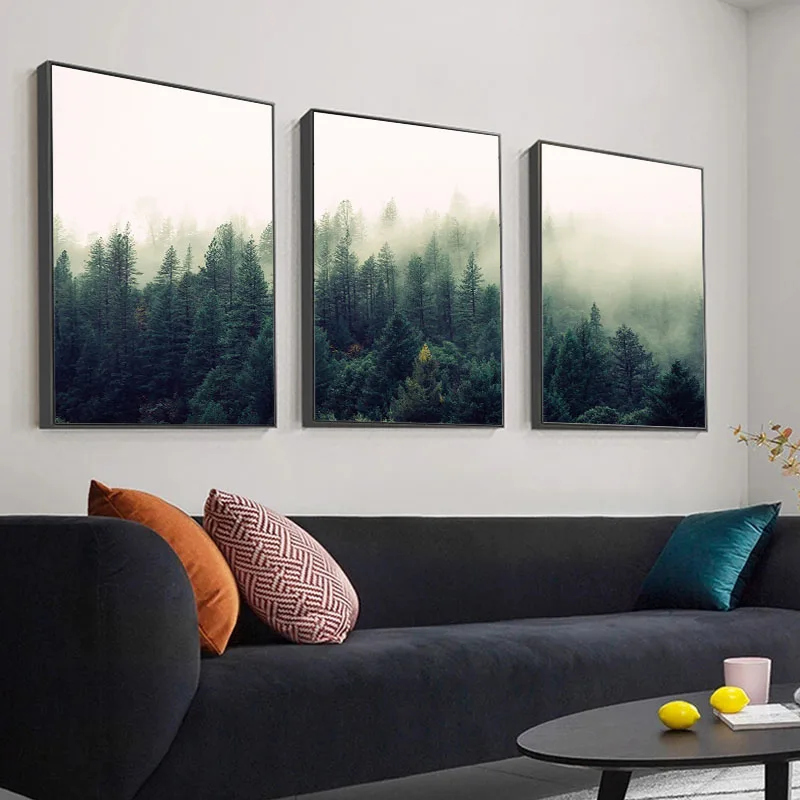 Реалистичная картина с изображением леса и тумана настенный плакат HD печать