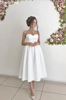 strapless white evening dresses tea length satin simple lace up backless sweetheart neck a line prom dressess ukienki wizytowe