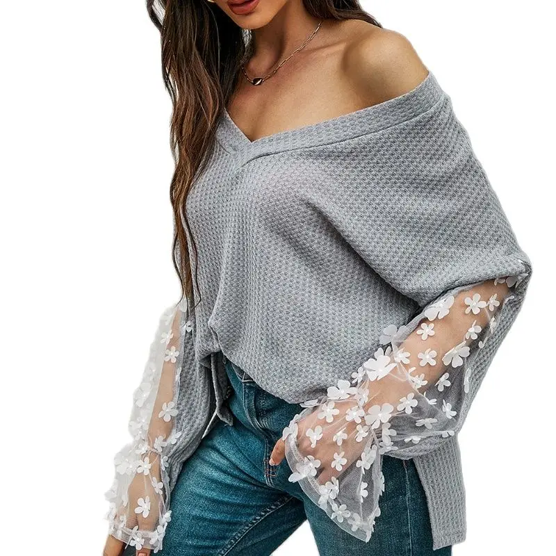 

Футболка женская оверсайз с V-образным вырезом, повседневный Кружевной Топ с длинным рукавом, в стиле пэчворк, с цветочным принтом, весна