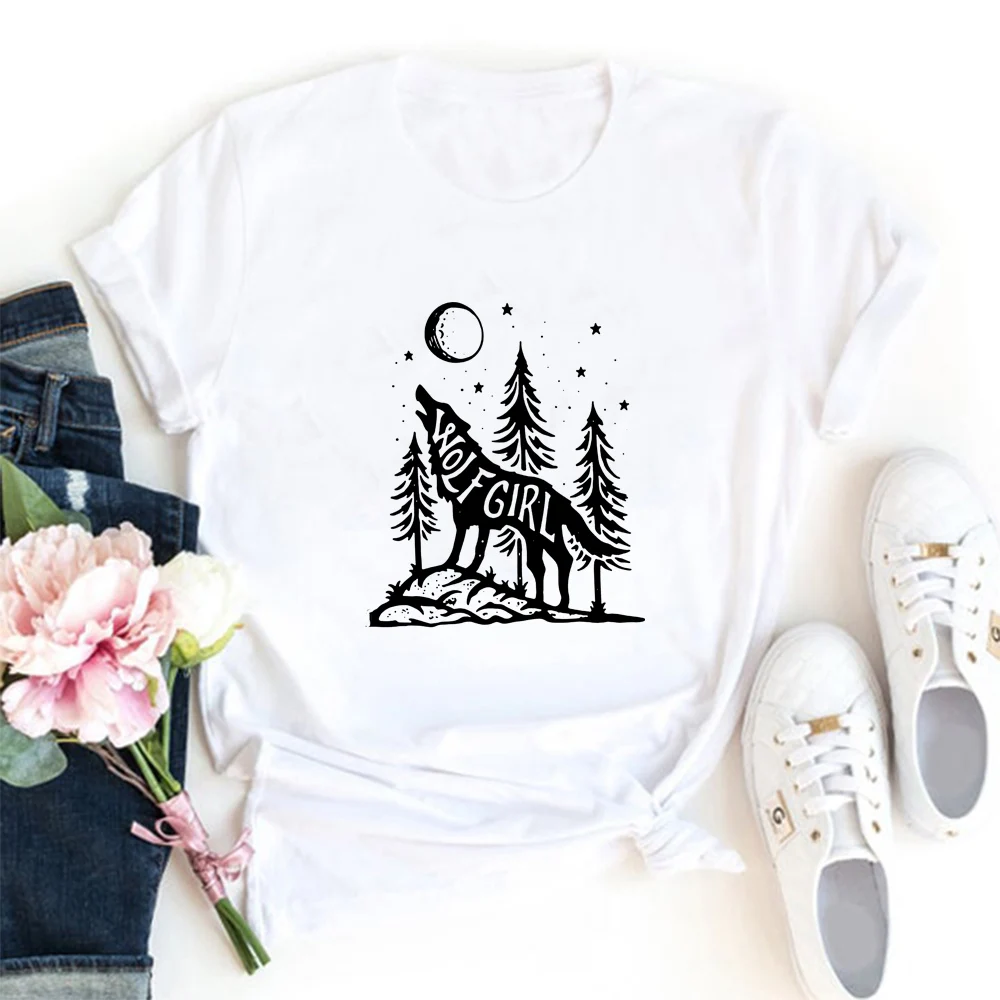 

Wollfgirl Pattern T-shirt Femme Cute Funny Womans TShirt Tops Aesthetic Streetwear Full Moon Night Fashion T Shirts Cotton Woman