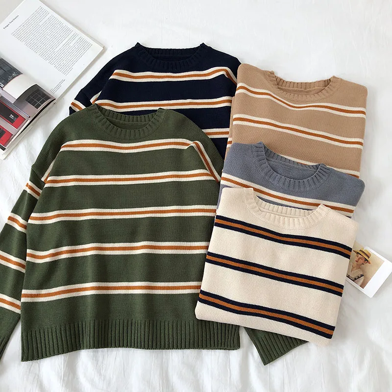 

Vintage Stripe Sweaters Women Loose Oversize Korean Style Pullover Top Autumn Winter Long Sleeve Knitted Sweater Femme 2020