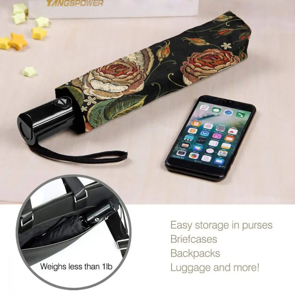 

Wind Resistant Fully-Automatic Umbrella Embroidery Skull And Roses Flowers Rain 3 Folding Parasol Travel Car Umbrella