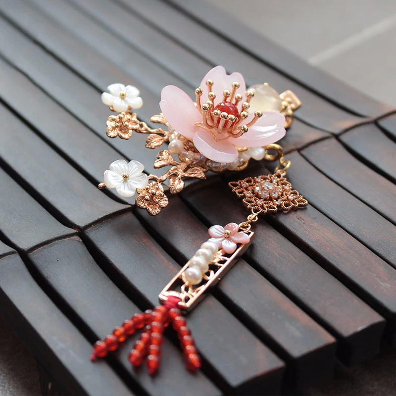 Китайский стиль розовый цветок шпилька кисточка Женские аксессуары для волос