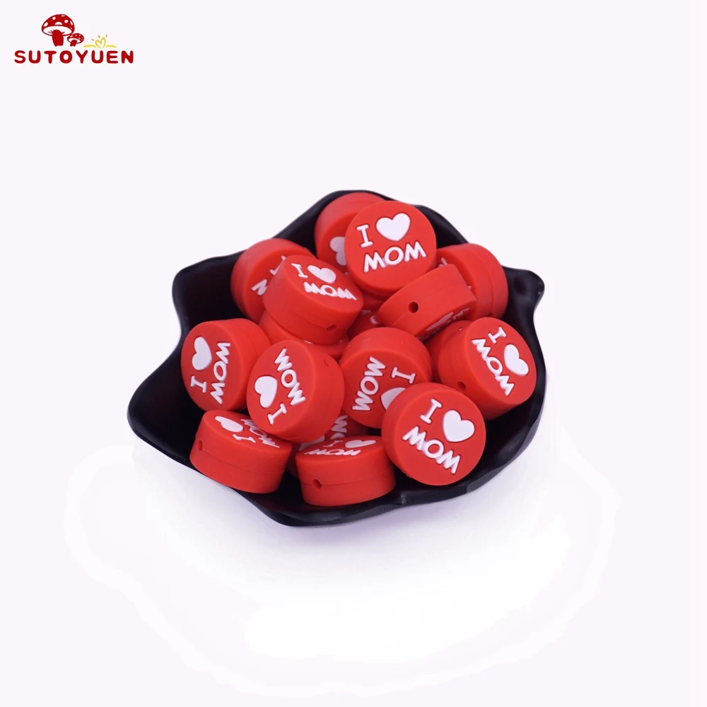 Red love mom 5 шт. силиконовые бусины I Love DAD плоские круглые Прорезыватели для зубов детский Прорезыватель застежка ожерелье Изготовление ювелирных изделий пищевой - Цвет: Red love mom