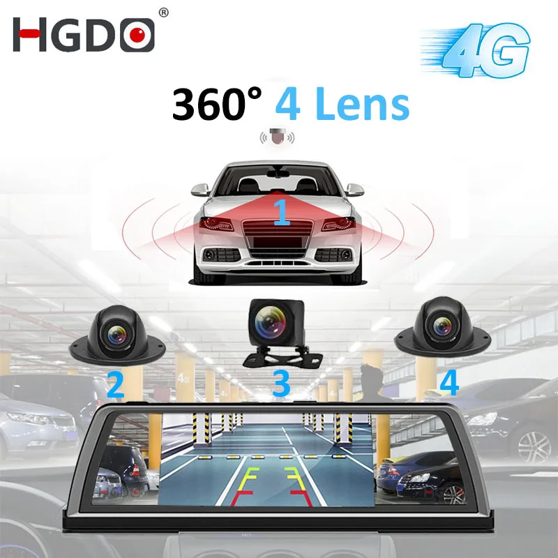 Автомобильный видеорегистратор HGDO H100 с 4 объективами ADAS зеркалом 4G 10 дюймов медиа