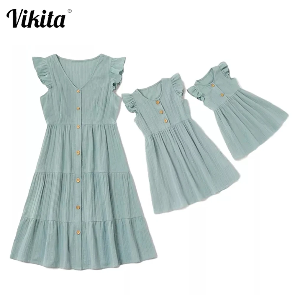 

VIKITA Summer Cotton Solid Family Matching Dresses Casual Cotton Matching Outfits Mommy and Me Mother and Children's Clothing