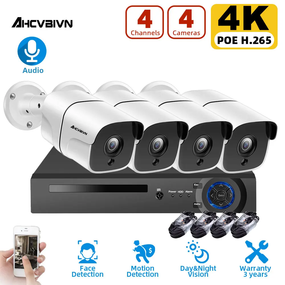 

Комплект камер видеонаблюдения AHCVBIVN, 8 МП (4K), цилиндрическая IP-камера PoE для дома и улицы, погодозащищенная система видеонаблюдения, ночное в...