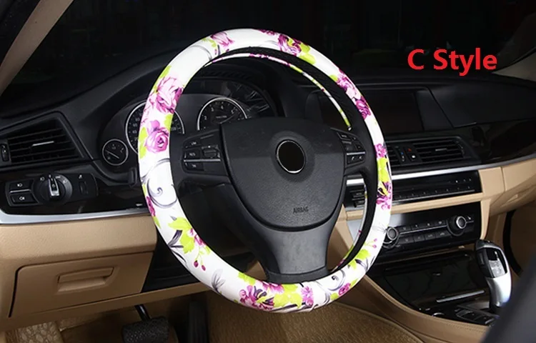 C Style Китайский стиль Пион цветочный принт чехол рулевого колеса автомобиля кожа 38 см Универсальный Авто стиль для женщин девочек - Название цвета: C Style