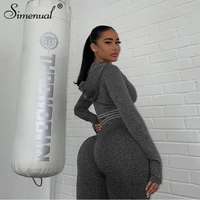 simenual workout active wear ruched push up matching set loungewear skinny zipper hooded top and leggings two piece outfits grey