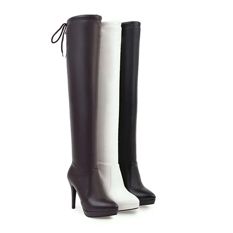 Женские зимние сапоги выше колена YMECHIC 2020 белые черные на низкой платформе