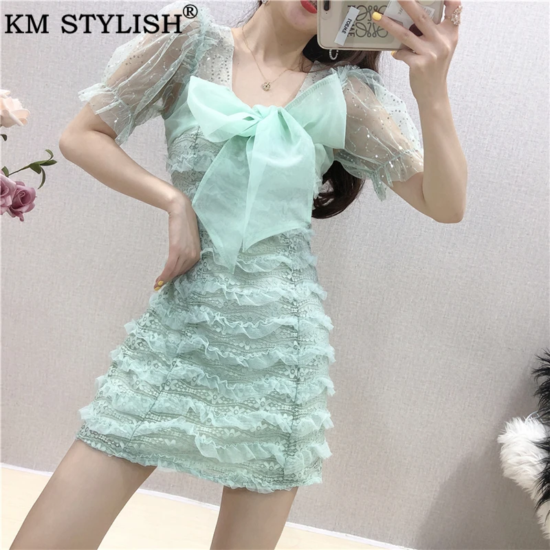 

Summer Dress 2020 New Women's Apparel Mesh Splicing Fungus Bow Lace Sequin Slim A-line Dress Party Short Sleeve Vestidos Bodycon