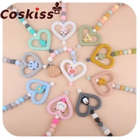 coskiss beech wooden love clip chain wood beads baby teether soother silicone heart molar and ainmal beads pacifier chain