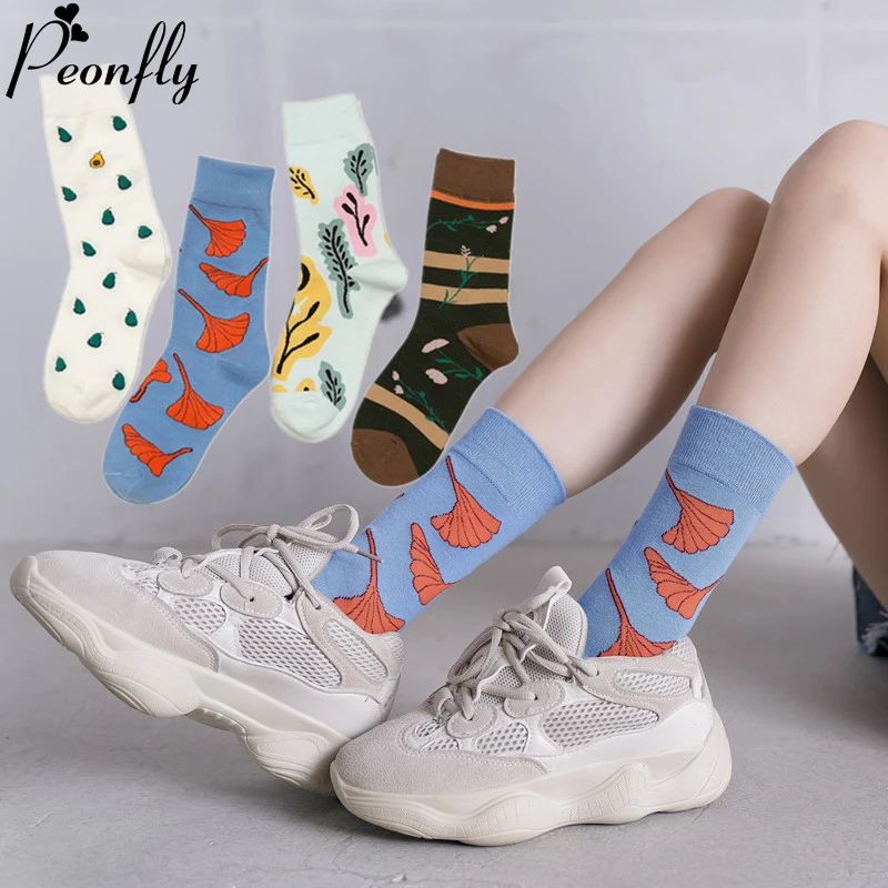 PEONFLY из чесаного хлопка женские носки Harajuku красочные листьев гинкго завод милый