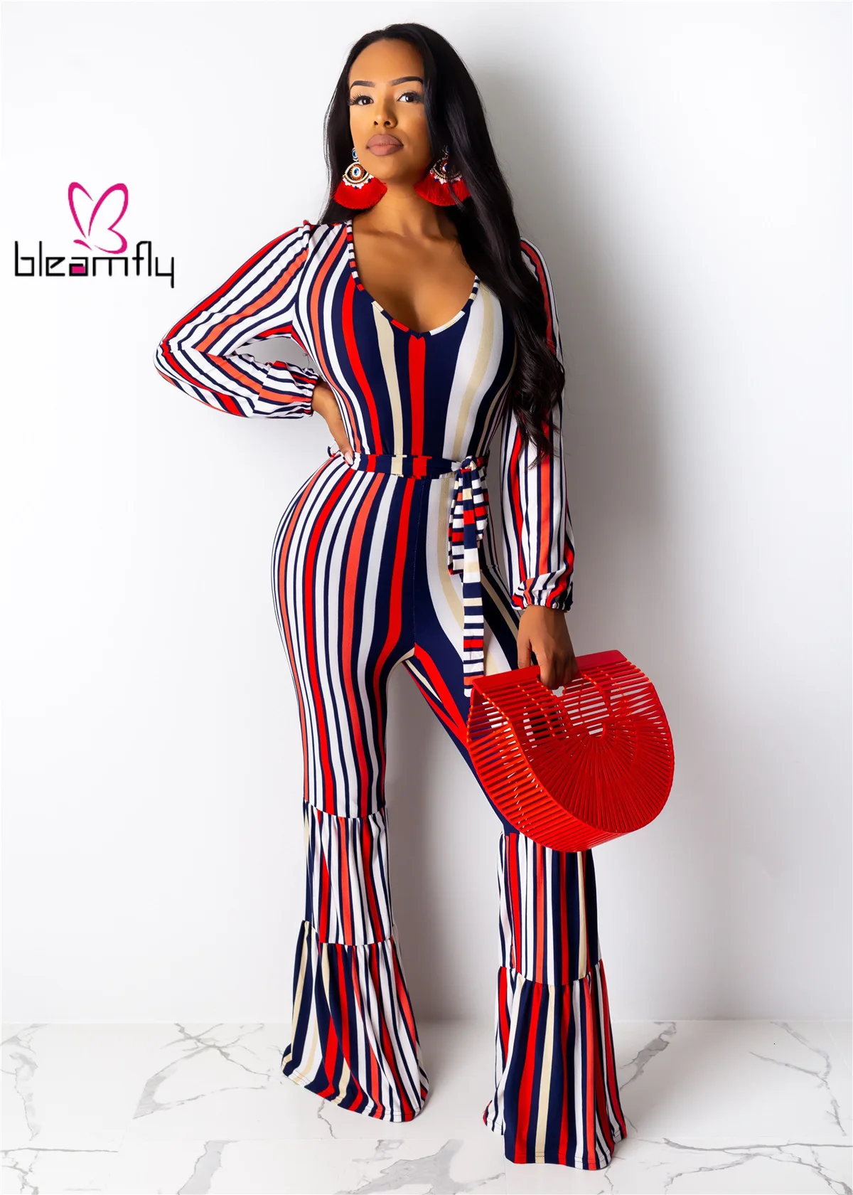 2019 женский комбинезон с длинным рукавом в полоску v образным вырезом бодикон