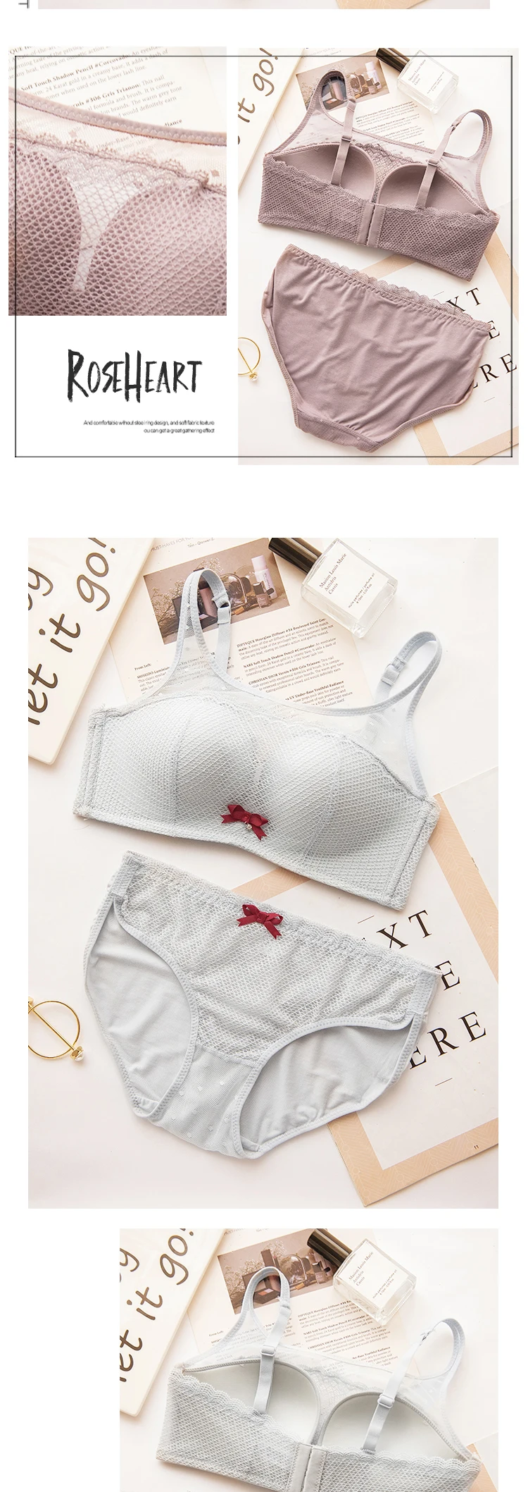 Roseheart, женское модное фиолетовое сексуальное женское белье, комплекты, беспроводной кружевной бант, полная чашка, трусики, мягкие бюстгальтеры, пуш-ап, комплекты бюстгальтеров, нижнее белье A B