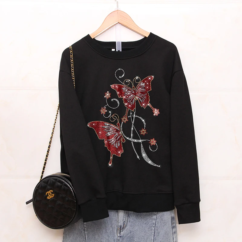 

Spring Autumn Fashion Loose Sweatshirts female Creativity butterflies Hot diamonds Pattern Casual O-neck women tops pullovers