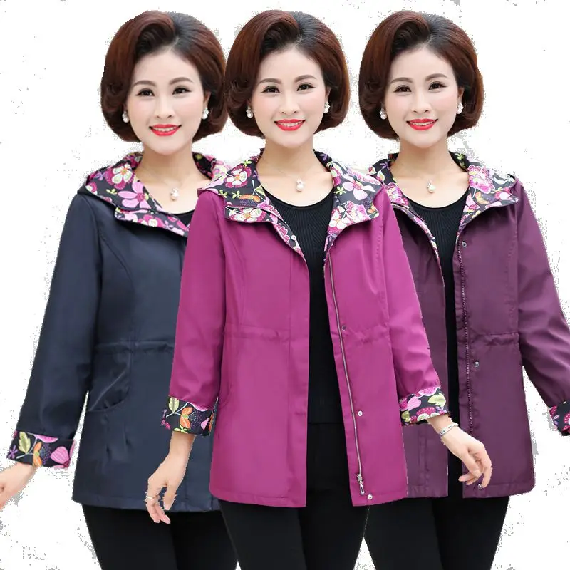 

casual jacket spring fall new middle age women windbreaker printed hooded zipper coat mother clothes cortaviento mujer