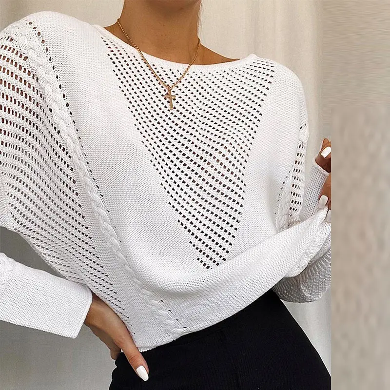 

Женский пуловер, свитер, вязаные однотонные пуловеры с вырезами, топы, круглый вырез, длинный рукав, весна-осень 2021, модная Повседневная Нови...