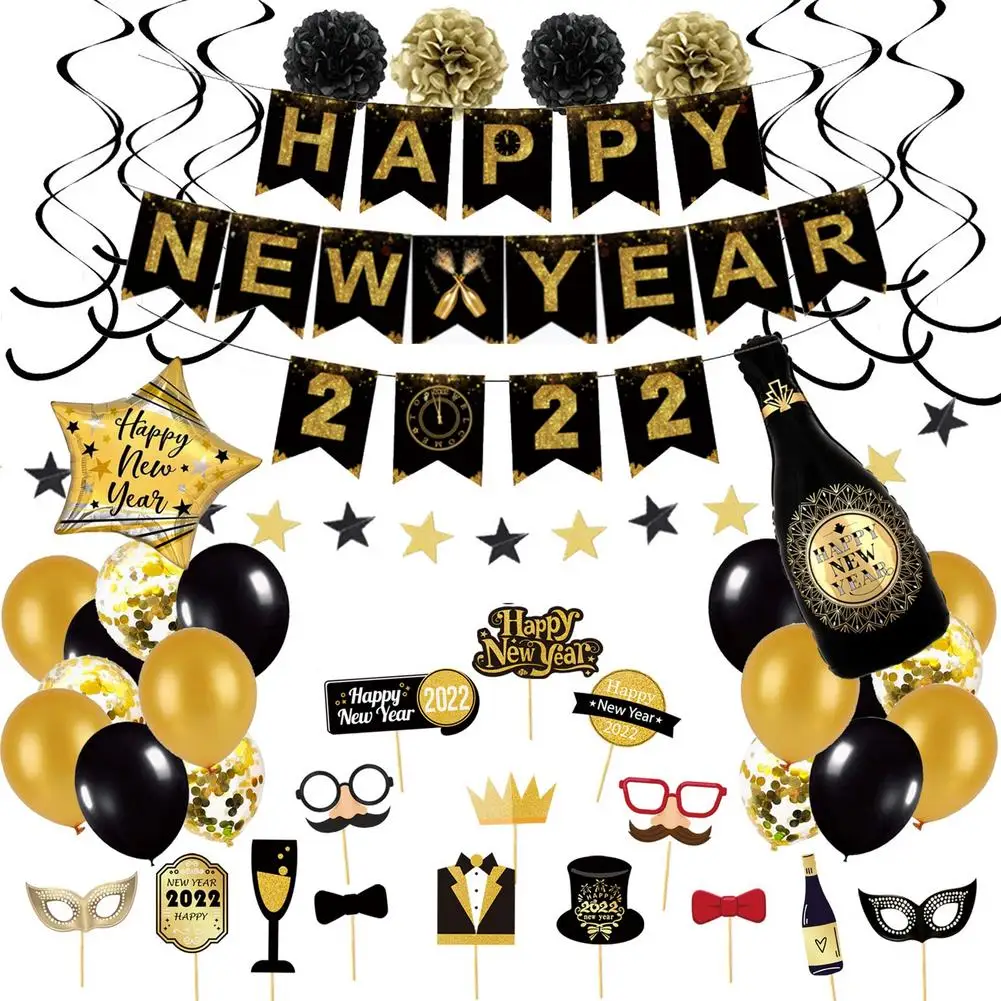 

2022 New Year Eve Party Decoration Set Gold Glitter New Year Party Supplies Kit Large Balloons Banners Confetti For New Year Eve