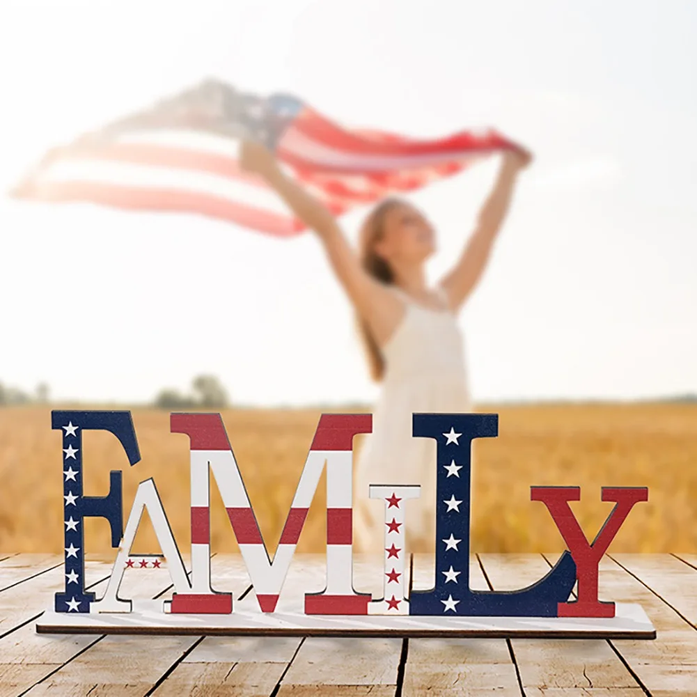 

Independence Day Party Wooden Letter Ornaments Standing Sign Glory Peace Freedom Family Shape Decorative Table Decoration Plaque