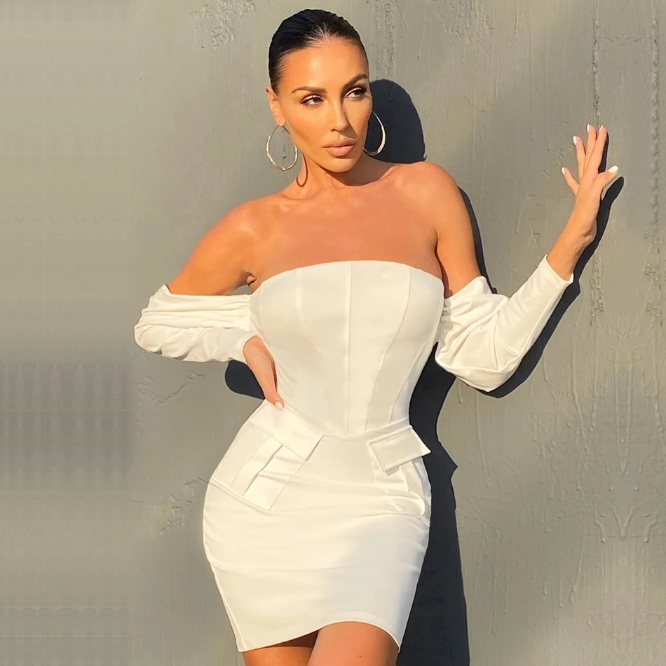 

Seamyla 2022 New Summer Elegant Off Shoulder Club Women's Dress Sexy Long Sleeve Mini White Celebrity Party Evening Runway Dress