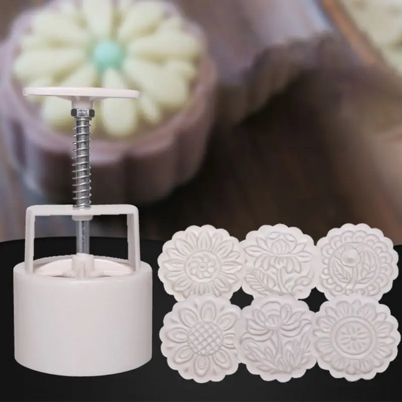 

150g Mooncake Barrel Mold with 6pcs Flower Stamps Hand Press Moon Cake Pastry 57BB