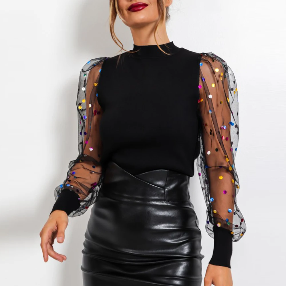 Весенние сексуальные сетчатые топы с пышными рукавами женская модная облегающая