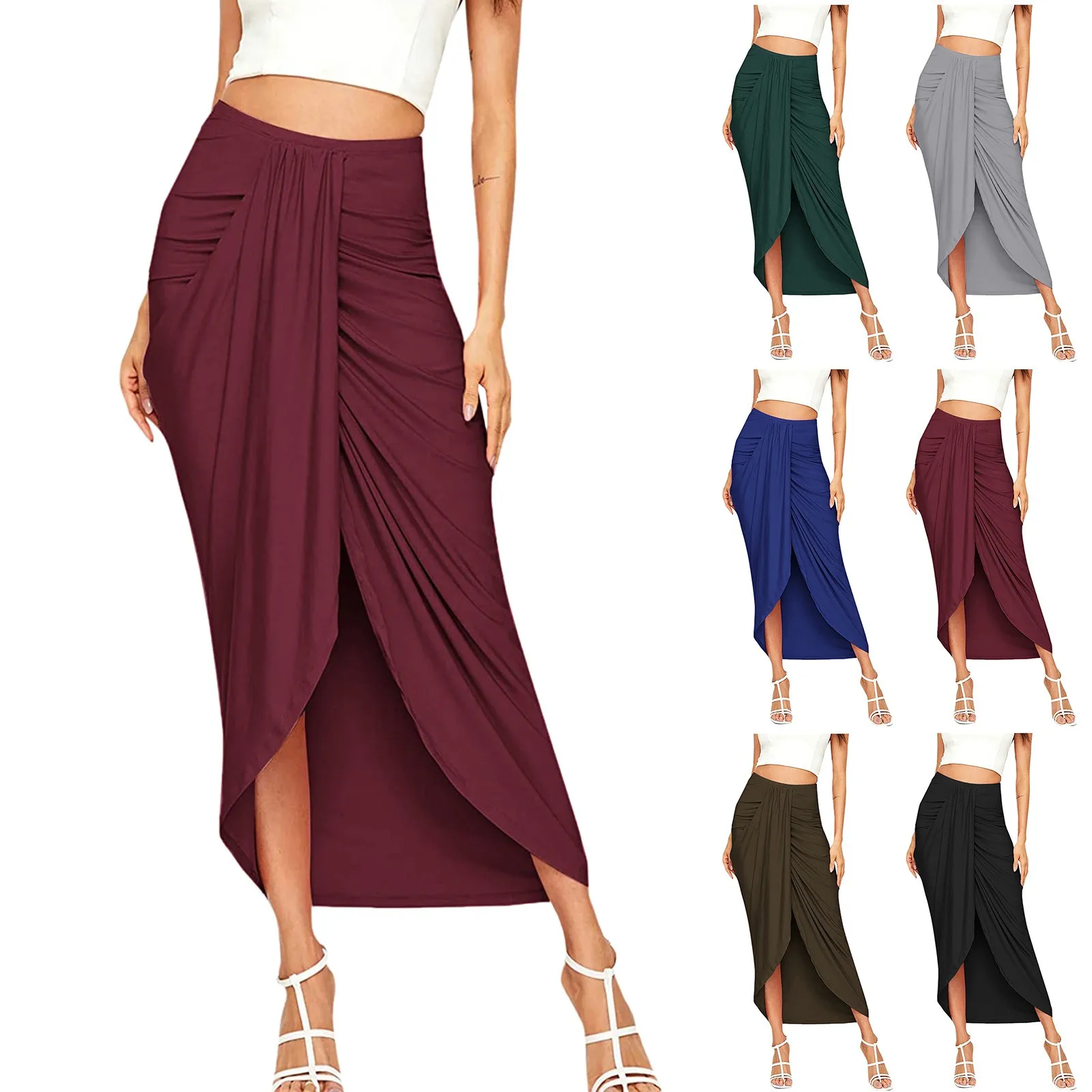 

Sexy Elegant Faldas Women Casual Slit Wrap Asymmetrical Elastic High Waist Maxi Draped Solid Skirt Sensual Jupe Plus Size