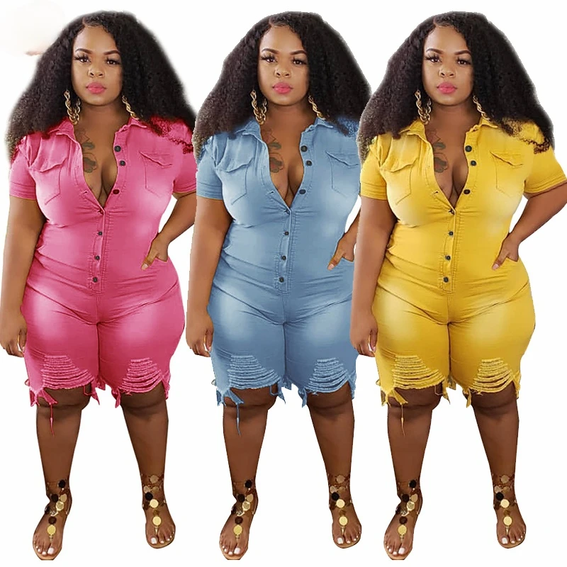 

Denim Jumpsuit Women Plus Size Clothing 5XL Button High Waist Skinny Medium Stretchy Romper Summer 2021 Wholesale Dropshipping