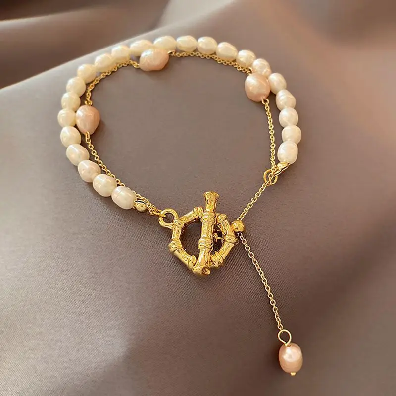 

Freshwater Pearl Bracelet Real Gold Plating Fashion Bracelet T-shaped Buckle Double Temperament Bracelet Bangles for Women