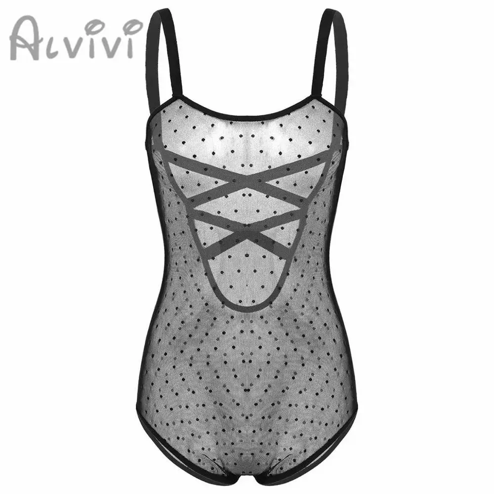 

Womens One-piece Lingerie Pajamas See Through Sheer Dotted Mesh Spaghetti Straps Gauze Wave Point Lingerie Bodysuit Nightwear