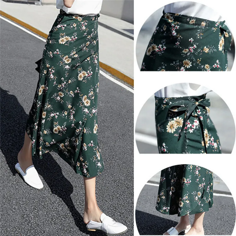 

Asymmetrical Fashion Flower Print Summer Bohemia Skirt Women High Waist Long Wrap Floral Skirt Ladies Skirt