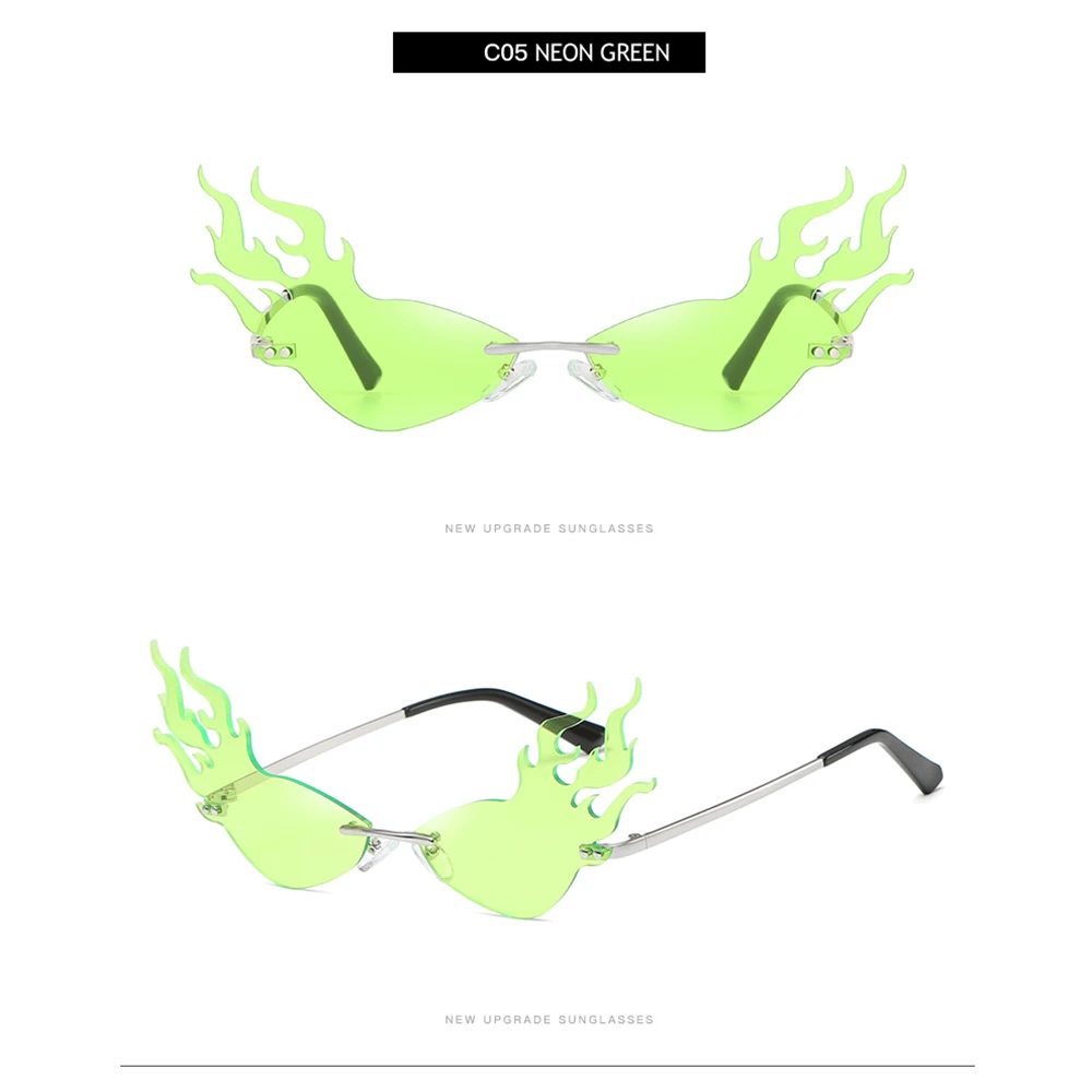 C05 Neon green Модные солнцезащитные очки с огненным пламенем для женщин и мужчин, солнцезащитные очки без оправы, УФ 400, роскошные трендовые узкие солнцезащитные очки, уличная одежда - Цвет линз: C05 Neon green