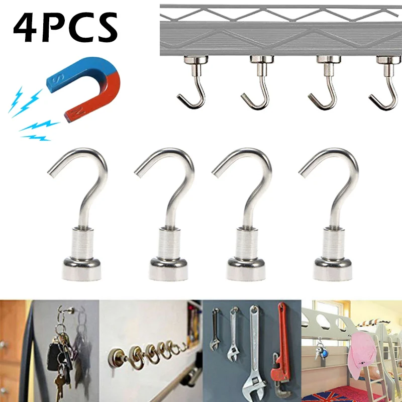 

4pcs Magnetic Hooks Powerful Heavy Duty Neodymium Magnet Refrigerator Surfaces Not Scratch Home Accessories Organizador