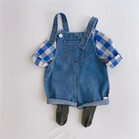 2pcs baby girls clothes sets fashion autumn baby boys clothes plaid tshirt jeans overalls infant clothing for baby costume