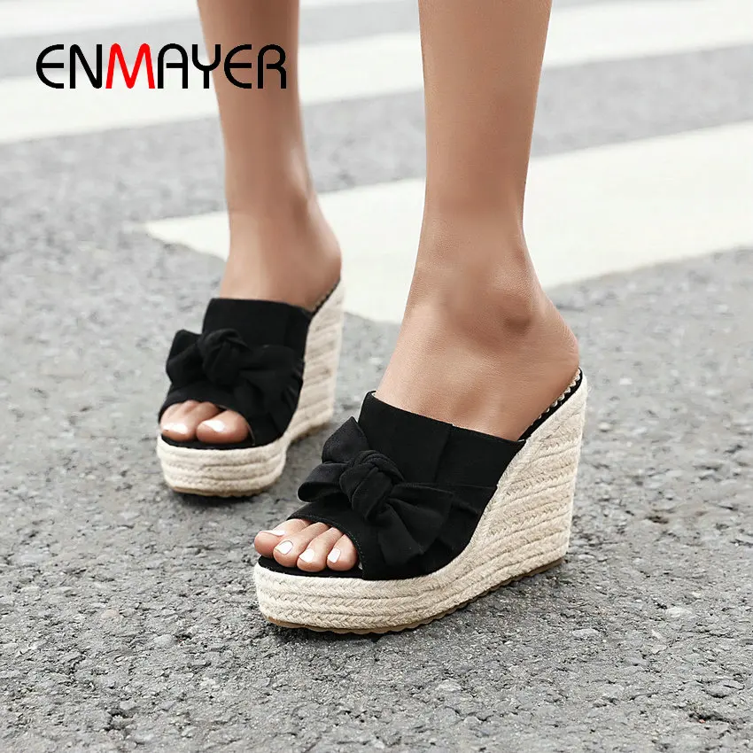 

ENMAYER Outside Slides Solid PU Flock Summer Butterfly-knot Wedges Womens Shoes 2020 Fashion Women Slippers Size 34-43
